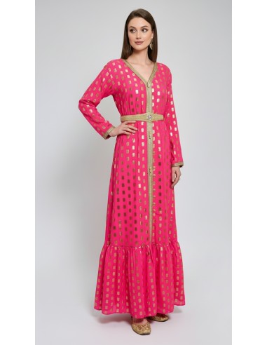 Robe longue Tlija rose fuchsia et dorée – Tenue orientale de cérémonie  - 2