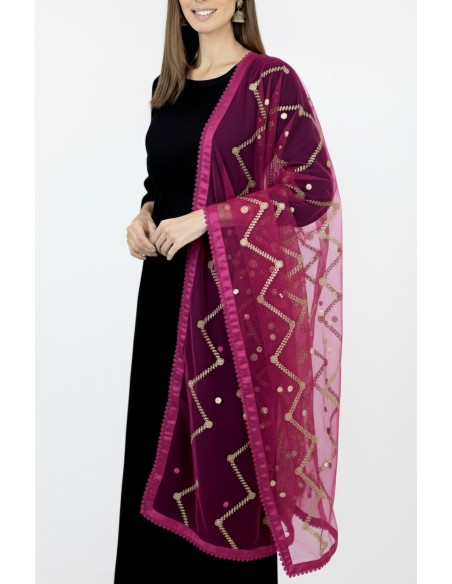 Dupatta chale etole indienne rose fuchsia sequins doré  - 3
