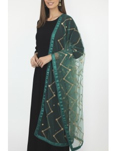 Dupatta chale etole indienne vert turquoise sequins doré  - 1