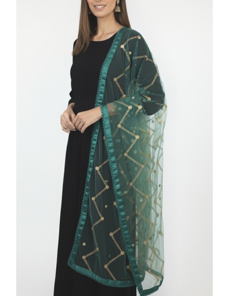 Dupatta chale etole indienne vert turquoise sequins doré  - 1