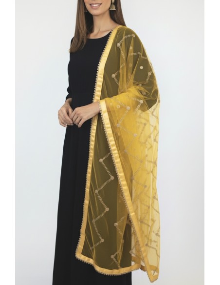Dupatta chale etole indienne jaune sequins doré  - 3
