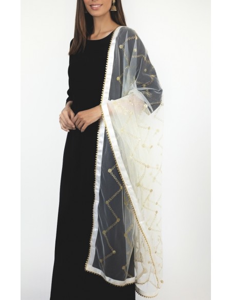 Dupatta chale etole indienne blanc sequins doré  - 3