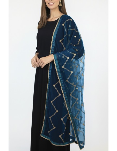 Dupatta chale etole indienne bleu paon sequins doré  - 1