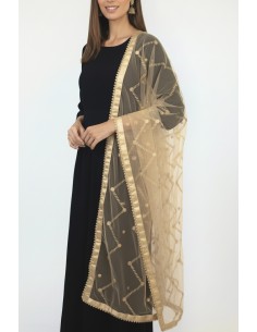 Dupatta chale etole indienne beige sequins doré  - 1