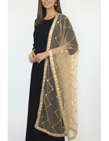 Dupatta chale etole indienne beige sequins doré  - 3