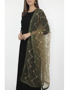 Dupatta chale etole indienne kaki sequins doré  - 1