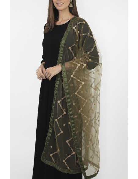 Dupatta chale etole indienne kaki sequins doré  - 1