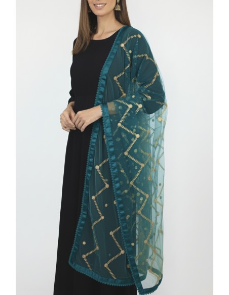 Dupatta chale etole bleu vert sequins doré  - 3