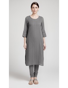 Tunique indienne longue kurti Gris brode  - 1