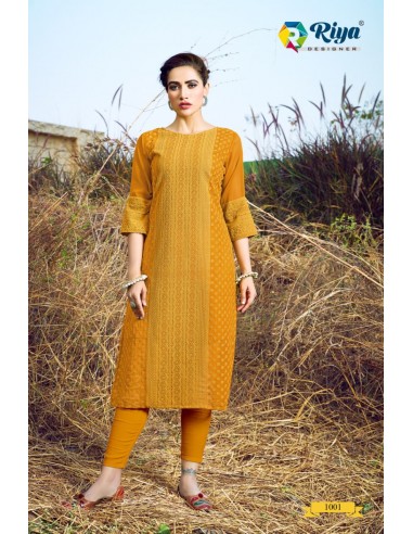 Tunique indienne kurti longue Jaune safran  - 3