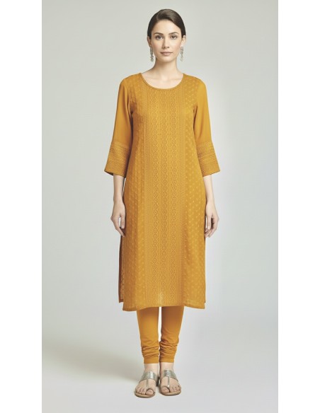 Tunique indienne kurti longue Jaune safran  - 1