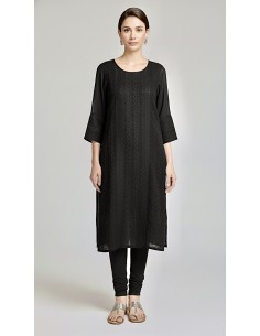 Tunique kurti indienne robe longue Noir brode  - 1