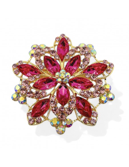 Broche flocons dorée en strass cristal rose  - 1