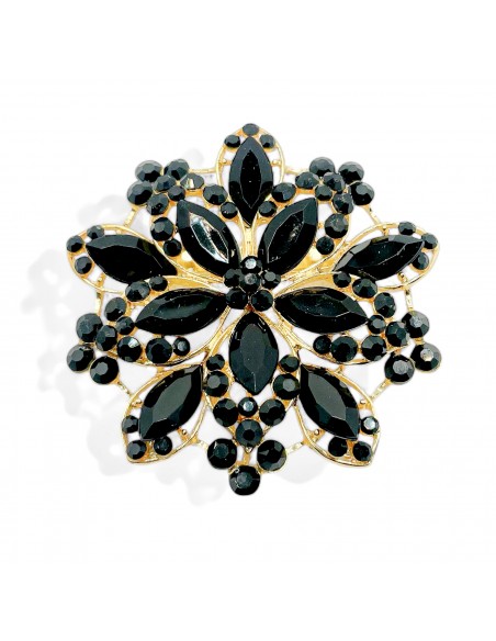 Broche flocons dorée en strass cristal noir  - 1