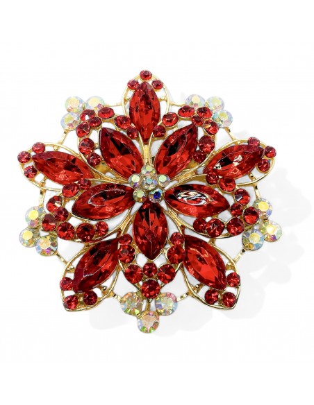 Broche flocons dorée en strass cristal rouge  - 1