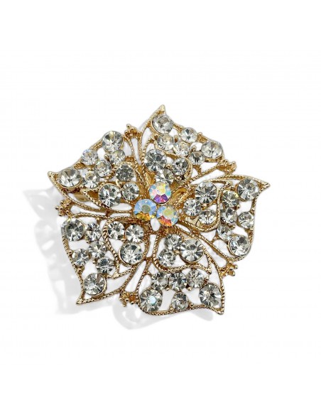 Broche dorée fleur en strass cristal  - 1