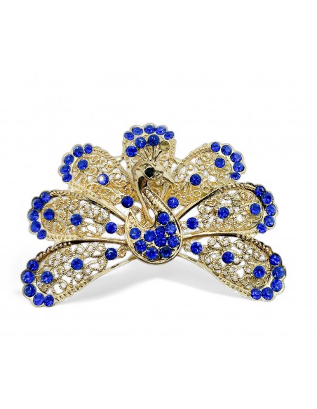 Broche paon dorée avec strass bleus  - 1