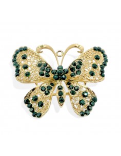 Broche papillon dorée avec strass vert  - 1