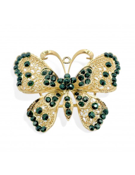 Broche papillon dorée avec strass vert  - 1