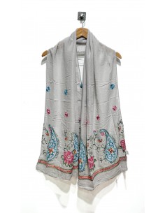 Écharpe gris clair indienne brodée motifs parsley foulard indienne ethnique  - 1