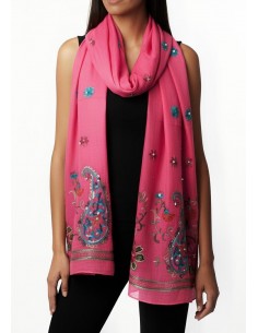 Écharpe rose indienne brodée motifs parsley foulard indienne ethnique  - 3