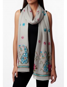 Écharpe gris clair indienne brodée motifs parsley foulard indienne ethnique  - 3
