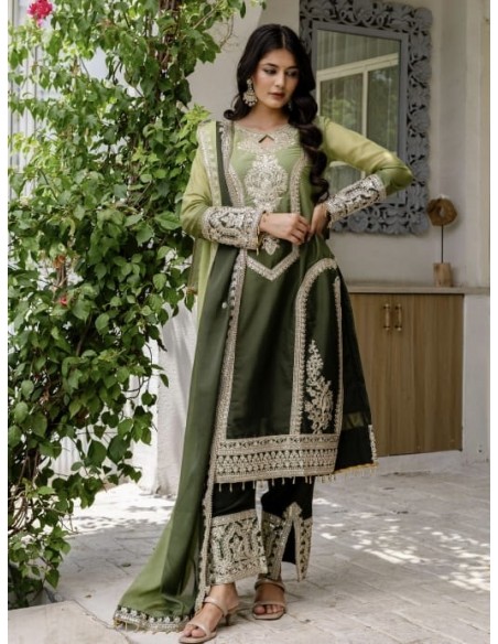 Salwar Kameez 3 pièces brodé - Tenue traditionnelle élégante Anarkali Vert olive et pistache  - 1