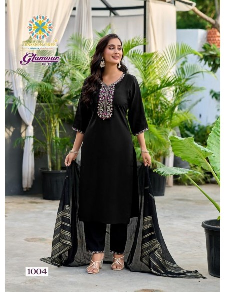 Tenue Indienne Femme 3 Pièces – Kurti Brodé – Pantalon + Dupatta Noir Élégant  - 1
