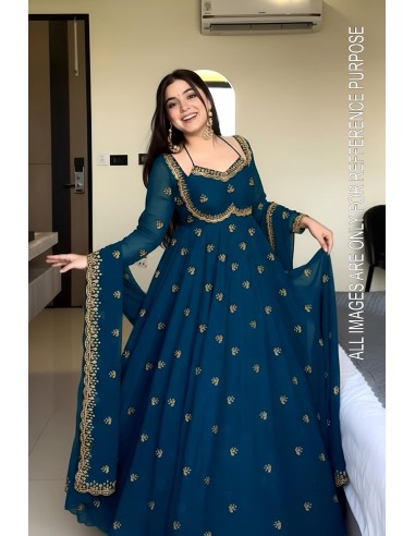 Robe Anarkali Brodée Luxe – Tenue Indienne Femme – Vert bleu  - 5