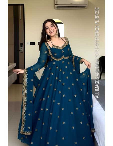 Robe Anarkali Brodée Luxe – Tenue Indienne Femme – Vert bleu  - 5