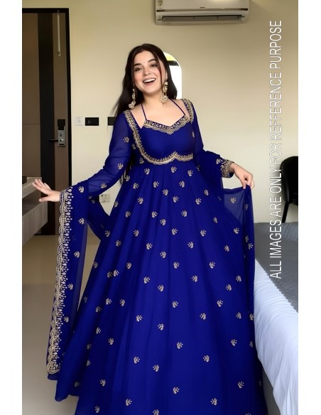 Robe Anarkali Brodée Luxe – Tenue Indienne Femme – Bleu Royal  - 5