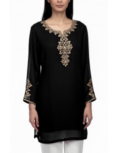 Tunique indienne noire– Perles & dorures luxe, style élégance orientale  - 1