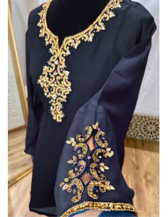 Tunique indienne noire– Perles & dorures luxe, style élégance orientale  - 1 2