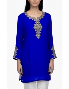 Tunique indienne Bleu Electrique – Perles & dorures luxe, style élégance orientale  - 1