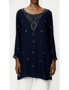 Tunique indienne brodée femme Bleu marine – Kurti perlée femme – Chic, léger & confortable  - 1