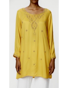 Tunique indienne brodée femme Jaune – Kurti perlée femme – Chic, léger & confortable  - 1