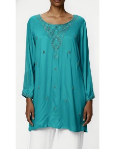 Tunique indienne brodée femme Turquoise – Kurti perlée femme – Chic, léger & confortable  - 1