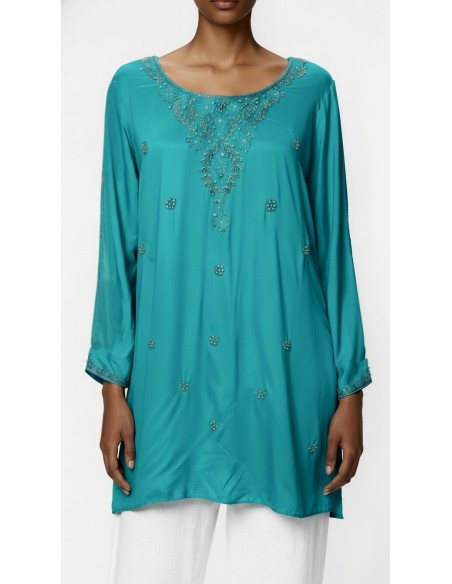 Tunique indienne brodée femme Turquoise – Kurti perlée femme – Chic, léger & confortable  - 1