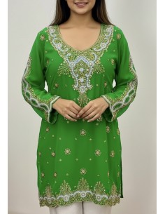Kurti indienne brodée Vert Claire – Tunique orientale femme perles & strass – Grande taille  - 1