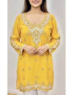 Kurti indienne brodée Jaune – Tunique orientale femme perles & strass – Grande taille  - 1
