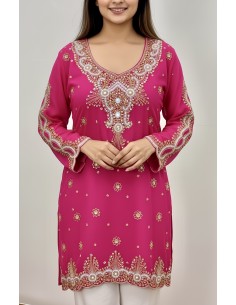 Kurti indienne brodée Rose – Tunique orientale femme perles & strass – Grande taille  - 1