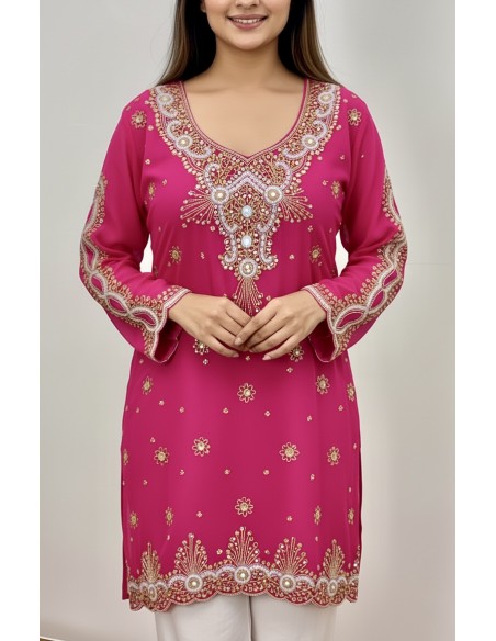 Kurti indienne brodée Rose – Tunique orientale femme perles & strass – Grande taille  - 1