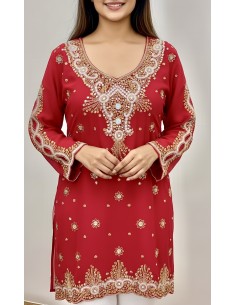 Kurti indienne brodée Rouge – Tunique orientale femme perles & strass – Grande taille  - 1