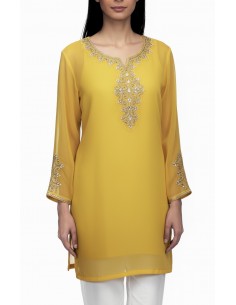 Tunique indienne jaune – Perles & dorures luxe, style élégance orientale  - 1