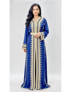 Caftan Marocain Luxe Bleu Royal 2 Pièces – Broderies Dorées & Ceinture Incluse - 1