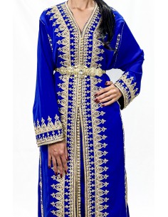 Caftan Marocain Luxe Bleu Royal 2 Pièces – Broderies Dorées & Ceinture Incluse - 1 2