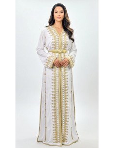 Caftan Marocain Luxe Blanc 2 Pièces – Broderies Dorées & Ceinture Incluse - 1