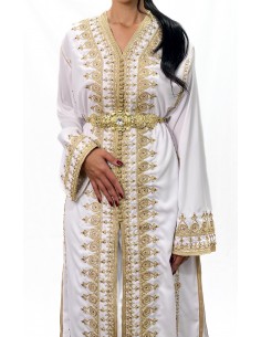 Caftan Marocain Luxe Blanc 2 Pièces – Broderies Dorées & Ceinture Incluse - 1 2