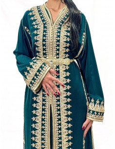 Caftan Marocain Luxe vert 2 Pièces – Broderies Dorées & Ceinture Incluse - 1 2
