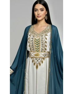 farasha style Dubaï 2 pièces, bleu canard et blanc/doré - 1